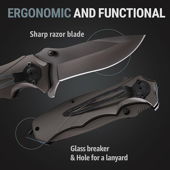 Pocket Knife for Men - Best Folding Knives with Glass Breaker and Pocket Clip - Tool for Tactical Camping Hunting Fishing EDC Survival Knife - Multifunction Bike Tools - Gifts for Men - Gray 6495
