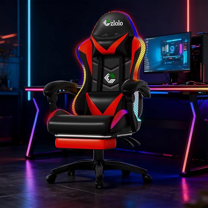 Gaming Chair, RGB LED Lights Computer Chair with Footrest, Lumbar Support Massager Gamer Chair, High Back, 90-135° Reclining, Linkage Armrests, Red
