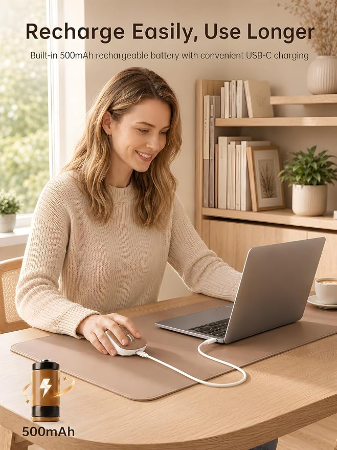 hunart H6 49g Wireless Mouse, Bluetooth & 2.4GHz, Rechargeable,Mocha Brown | Silent Clicks, Two Ways to Connect, USB-C Charging, Lightweight Right-Hand Ergonomic Comfort, for Laptop, MacBook, Computer