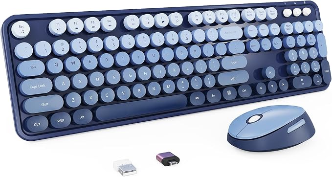 Nowlike Wireless Keyboard and Mouse Combo, Retro Typewriter Keyboard with Round Keycaps, Full-Size Ergonomic, Blue, Ideal for Windows PC, Home, Office, and College, Wireless Keyboard Mouse Combo