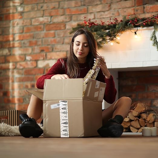 Whaline Christmas Packing Tapes Xmas Tree Printed Tape Waterproof Packing Shipping Tape Decorative White Gift Wrapping Tape for Small Business Gifts DIY Crafts Box Cartons Decor,1.89 in x 109yd