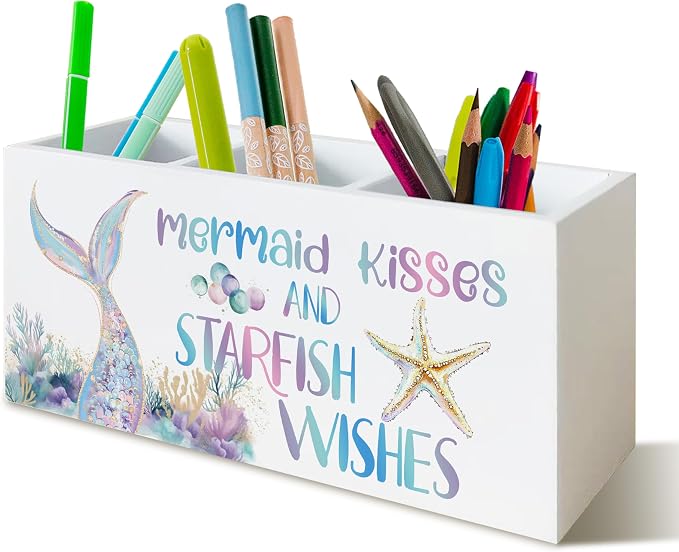 Pastel Mermaid Beach Pen Pencil Holder Organizer for Desk, Mermaid Gifts for Girls Women, Coastal Ocean Starfish Coral Wooden Box Block Sign for Home Classroom Dorm Office Tabletop Decor