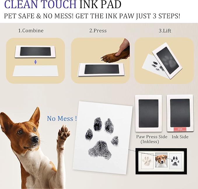 MYPAWLETS Paw Print Frame Kit,Dog/Cat Paw Print Kit,Soft Pawprint Clay&Clean Touch Ink Pad,Pet Paw Print Impression Kit with Customization Tool,Wooden Pet Memorial Frame,DIY Dog Lover Gifts-Black