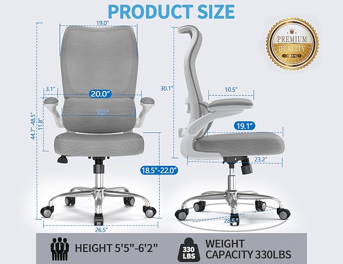 TRALT Office Chair Ergonomic Desk Chair - Gaming Chair with Lumbar Support | 330 LBS Home Office Desk Chairs , Reading Chair with Flip-up Armrests, Comfortable Computer Chairs (1, Grey)