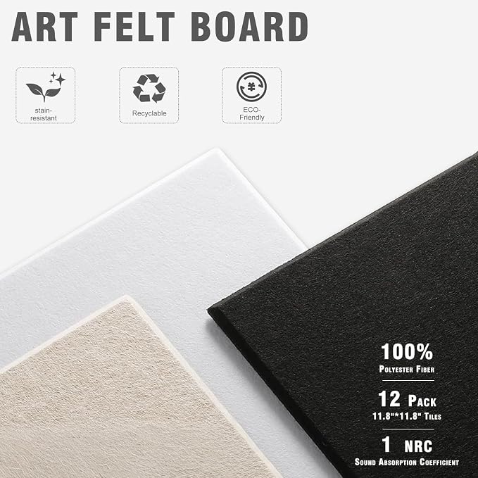 48"x36" Felt Corkboard Bulletin Board,TSJ OFFICE,12 Pack Wall,Black ＆ White | Includes 50 Pushpins & Clips, Removable Adhesive Tabs, Alternative Wall Tiles for Home, Office Decor, Install Without Damage