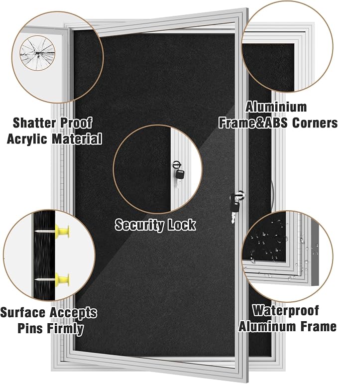 Mifuro 36"x24" Enclosed Bulletin Board, Outdoor Lockable Weather-Resistant Aluminum Cork Noticeboard for School & Office, Silver Frame w/Black Flet