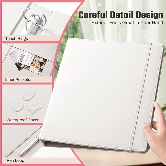 Hardcover 3 Ring 1 inch PU Leather Professional Binder Organizer with Dividers Suitable for 8.5 x 11 Letter Size Paper Cute Loose Leaf Binder with Pocket for School Work