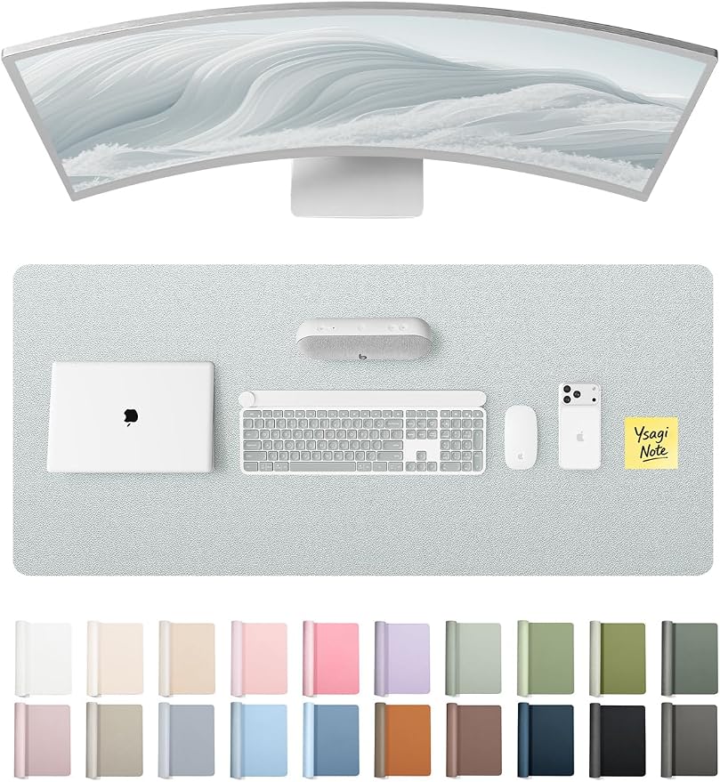 YSAGi Leather Desk Pad Protector, Office Desk Mat, Large Mouse Pad, Non-Slip PU Leather Desk Blotter, Laptop Desk Pad, Waterproof Desk Writing Pad for Office and Home (Silver, 47" x 17")