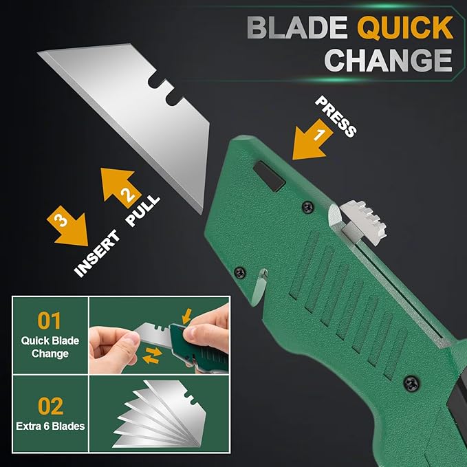 Heavy Duty Utility Knife Retractable, All Metal Body Construction with Non-Slip Grip, Quick Change Blade, for Drywall, Carpet, Cardboard Boxes