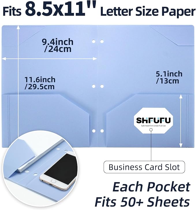 2-Pocket Folder, Heavy Duty Plastic Folder with 3 Hole Punched, Fit for 3 Ring Binder, Letter Size Binder Folder for School Office (Blue, 1 Pack)