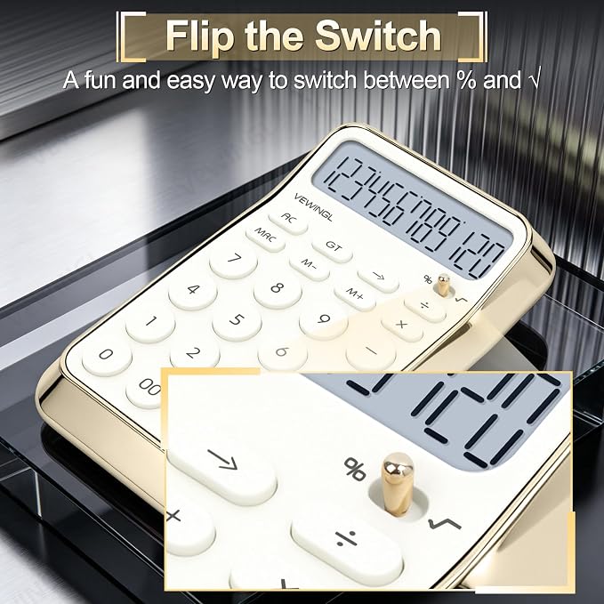 VEWINGL Desktop Calculator, 12 Digit HD Display with% Key | Metallic Vacuum-Plated Surface, Great for Office, School, or Home (Electroplated White, Non-Voice)