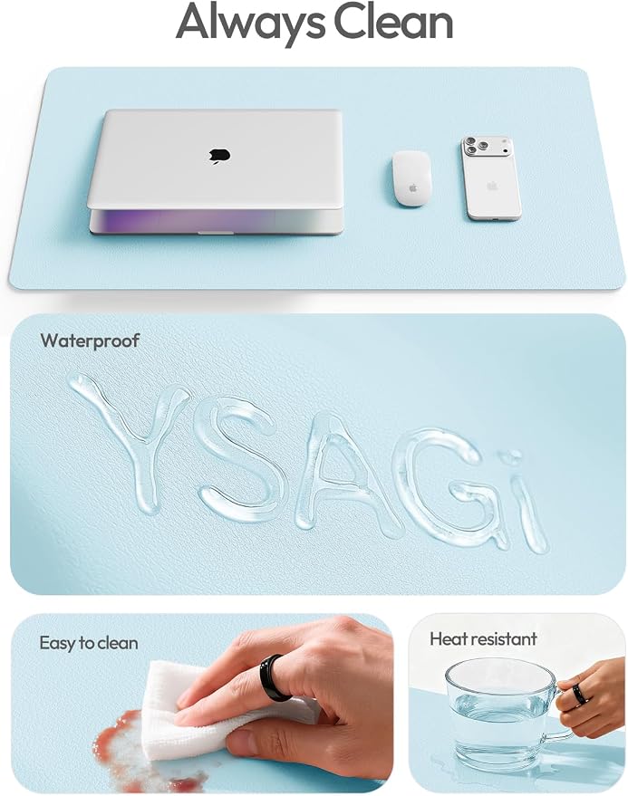 YSAGi Leather Desk Protector, Office Mat, Large Mouse Mat, Non-Slip PU Leather Blotter, Laptop Desk Mat, Waterproof Writing Pad for Office and Home(Baby Blue, 40" x 24")