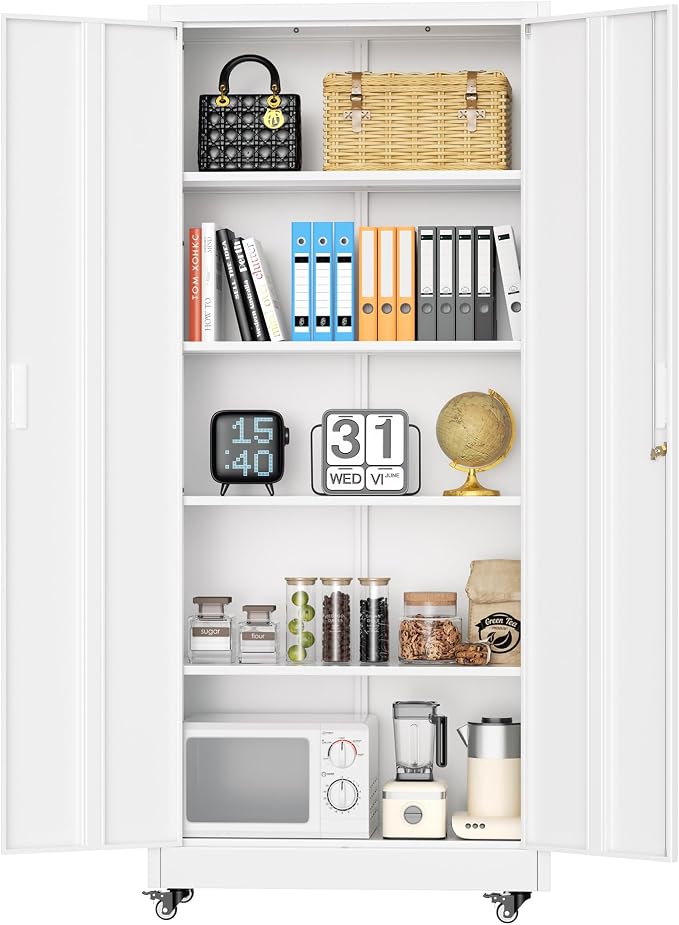 Metal Garage Storage Cabinet with Wheels, Rolling Storage Cabinet with Locking Doors and 4 Adjustable Shelves,- 73" Steel Tool Cabinet for Home Office,Garage,Warehouse，White