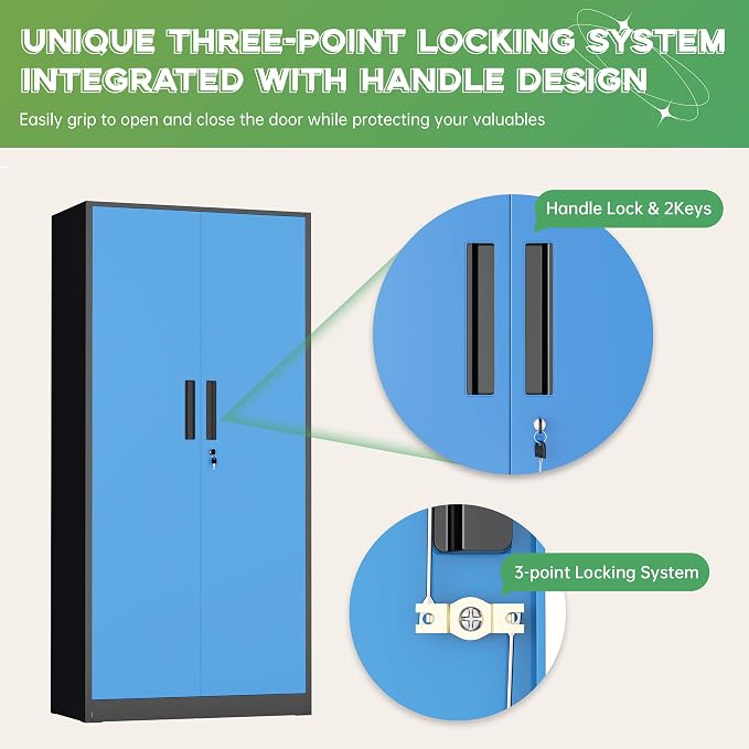 Metal Storage Cabinet,72" Steel Lockable File Cabinet with Locking Doors and Adjustable Shelves,Locking Tool Cabinets for Office,Home,Garage,Gym,School (Black Blue)
