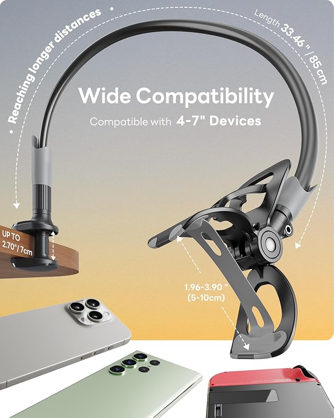 SAIJI Gooseneck Bed Phone Holder, Flexible Long Arm Phone Mount for Desk, Clip Bracket Clamp Stand, iPhone Stand, Mobile Cell Phone Stand Document Camera Nintendo Switch (Black)