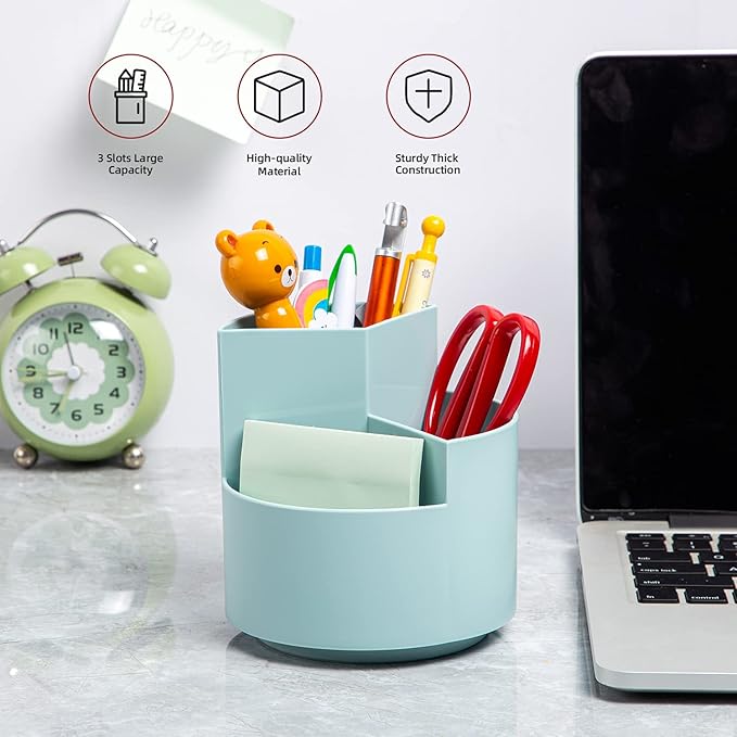 Desk Pencil Pen Holder, 3-Slot 360 Spinning Desk Organizer, Cute Pencil Cup Pot for Office, School, Art Supply - Blue