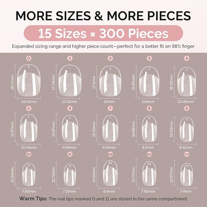 MelodySusie Short Oval Round Almond X Nail Tips - 300Pcs 15 Sizes Clear Acrylic,Half Matte Full Cover Press on Nails for DIY Extension & Salon Use,Pre-Shaped for Long-Lasting Manicure