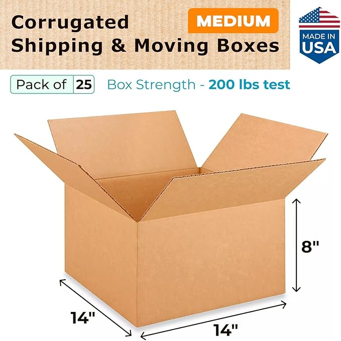 Medium Moving & Shipping Boxes 14"L x 14"W x 8"H (25-Pack) - Extra Strength 200 lb vs Regular - USA-Made Corrugated Strong Cardboard Boxes - Heavy Duty Packing and Moving Box by IDL Packaging