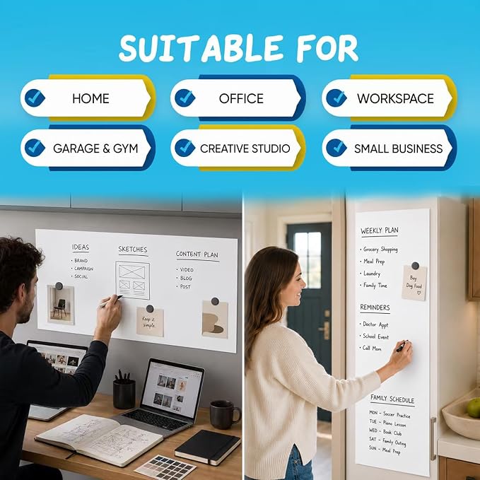 YOUNGJQ Large Magnetic Whiteboard for Wall 72" x 40", Self-Adhesive Magnetic Dry Erase White Board Sticker, Peel and Stick Sheet for Conference Room Office Home