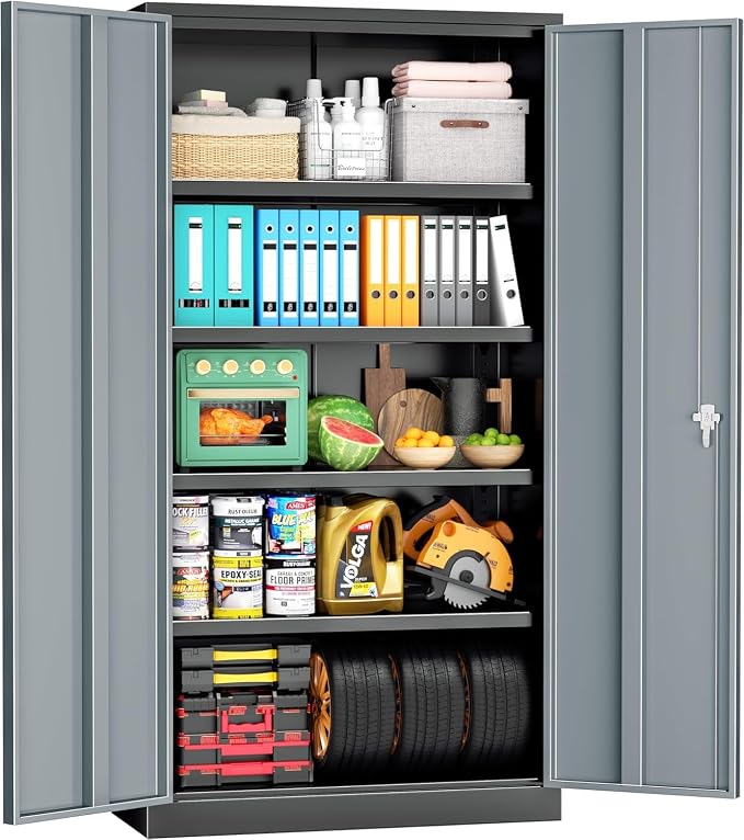 Metal Storage Cabinet,72" Locking Steel Cabinets with 2 Doors and 4 Adjustable Shelves,Tall Steel Storage for Home Office, Garage,Warehuse (Black Grey)