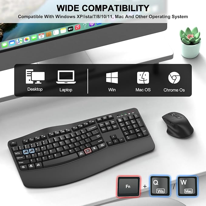 Wireless Keyboard and Mouse Combo, 2.4G Ergonomic Wave Keys(Graphite) | Full Size Wave Keyboard with Wrist Rest, 3-Level DPI Adjustable Ergonomic Mouse for Windows and Mac OS Desktop/Laptop/PC