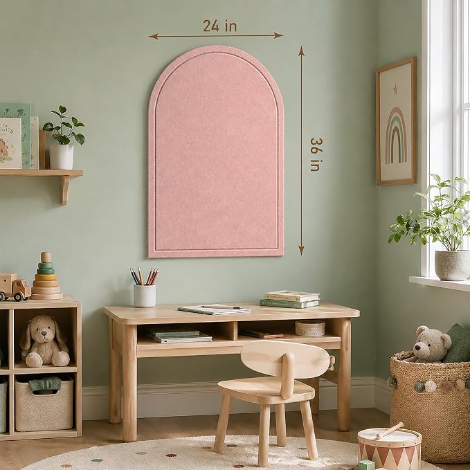 Large Arched Felt Bulletin Board, Sized 36" x 24" for Office & Wall Decor – 6 Customizable Adhesive Tiles with Pins are Perfect to Display Your Photos (Pink-B)