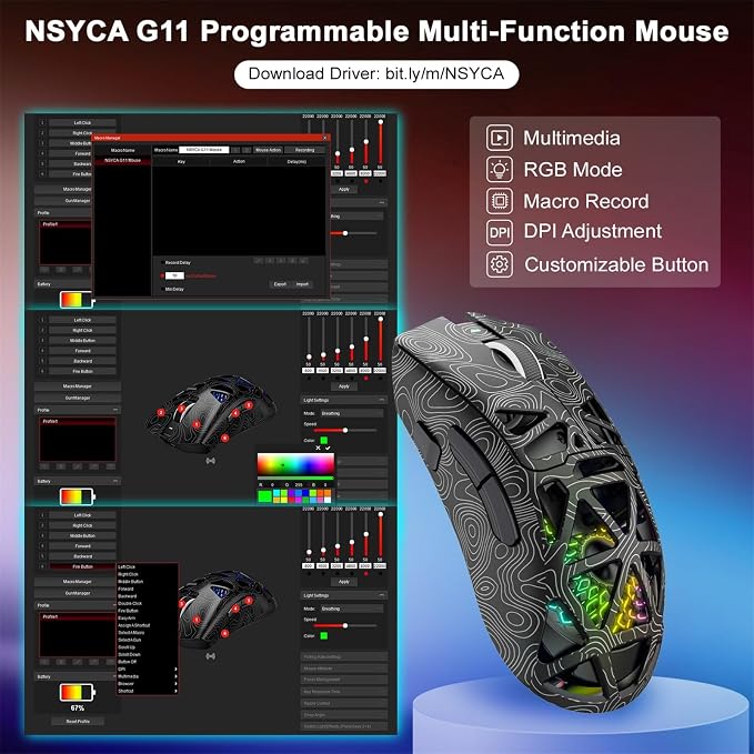 G11 Lightweight Wireless Gaming Mouse for FPS & Competitive Gaming, Tri-Mode Bluetooth 5.1/2.4GHz/USB-C, 22000 DPI RGB Mouse with Programmable Buttons for PC, Laptop & Mac