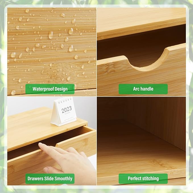 Bamboo Desk Organizer With Drawers Countertop Drawers Counter Storage Box Corner Desk Organizer for Home Office No Assembly Required (2 Drawers)