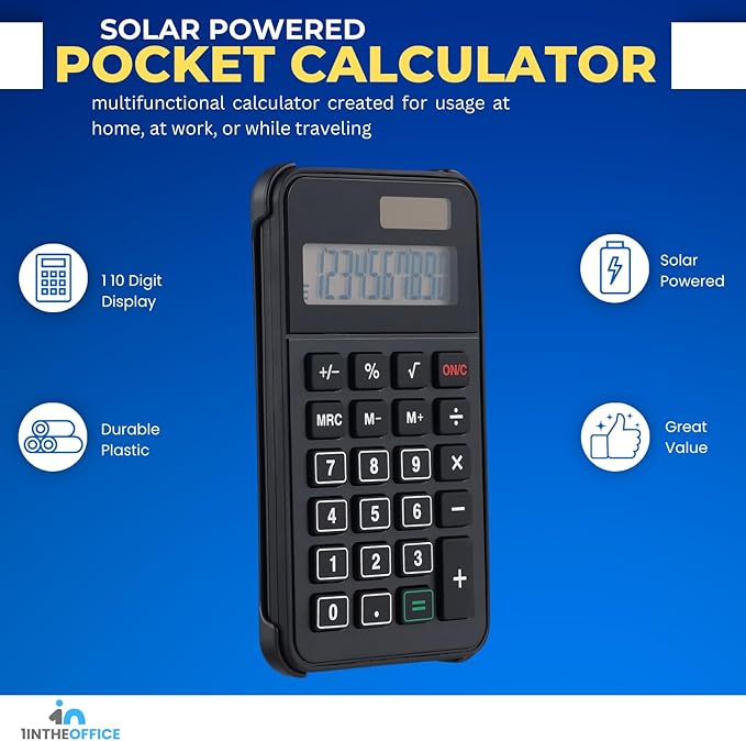 1InTheOffice 10 Digit Pocket Calculator, Dual Powered Handheld (Solar and Battery), Black, 1 Pack