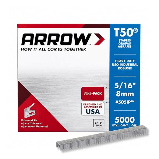 Arrow Fastener 505IP Heavy Duty T50 Staples for Upholstery, Construction, Furniture, Crafts, 3/8-Inch Crown Size, 5/16-Inch Leg Length, 5000-Pack, Made in the USA