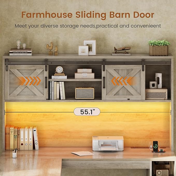 SEDETA 67" Farmhouse L Shaped Desk with Hutch, Grey | Home Office Desks with Drawers & Sliding Doors,Executive Corner Computer Desk with Storage Shelves,Power Outlets,LED Lights