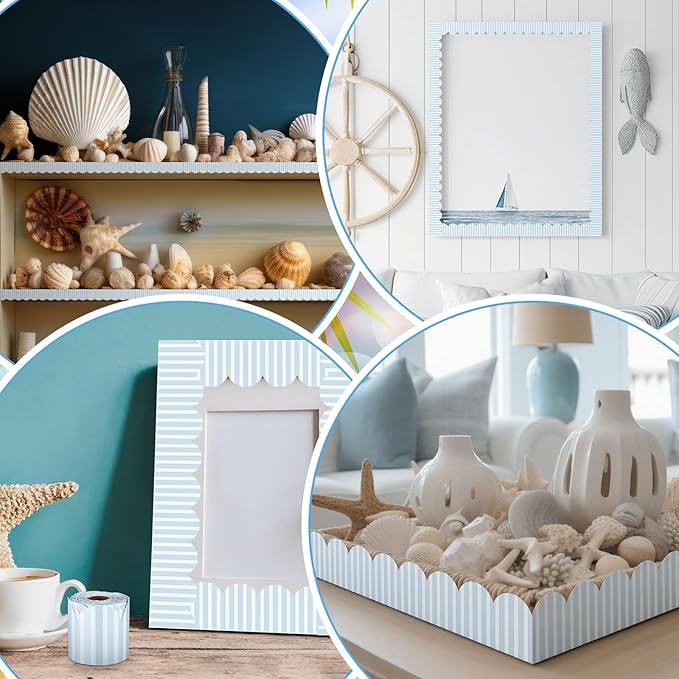 Marspark Scalloped Striped Coastal Bulletin Board Borders 52 ft Cottage Blue Rolled Stripes Blue Classroom Bulletin Border Trim Classroom Borders for Back to School Chalkboard Whiteboard Decorations