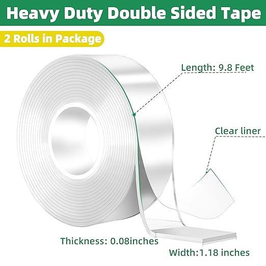 2 Rolls Double Sided Tape Heavy Duty, Nano Tape Double Sided Mounting Tape | Removable Transparent Adhesive Tape, Clear Two Sided Poster Wall Tape Strips for Home Office(2 Rolls, Total 19.6FT)