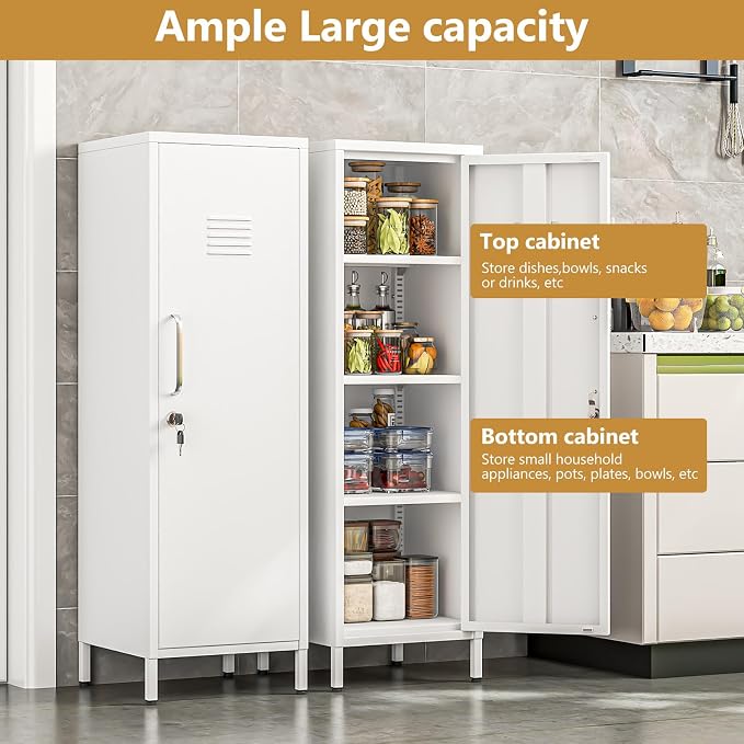 Metal Storage Locker,47" H Home Office Storage Lockers for Employees with 1 Locking Door ＆ 3 Adjustable Shelves,File Storage Cabinets forGarage, School, Office, Gym (White)