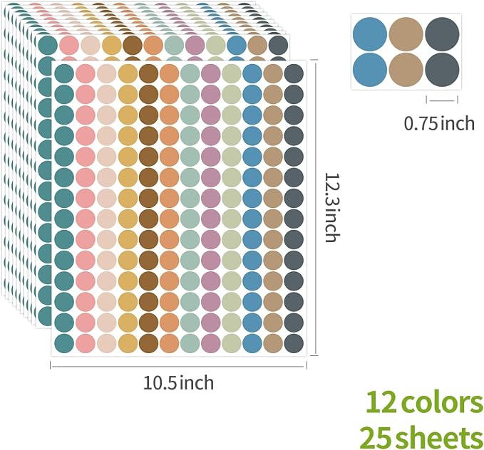 REGELETO Boho 4200 PCS 0.75 Inch 12 Colors Round Colored Dot Stickers for Students Teaching Papers, Color Coding Labels, Circle Dots Stickers for Office and Classroom (25 Sheets)