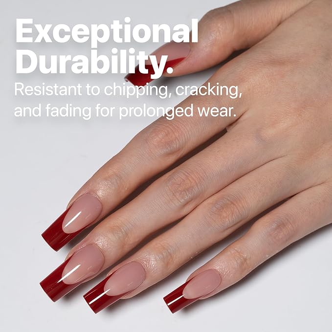 SXC Cosmetics French Tip Press On Nails 150 Pieces in 15 Sizes Ultra Fit with Pre-applied Tip Primer and Base Coat, No Need to File Fake Nails for Nail Art DIY X-Pro Tips (5RED117-M Square)