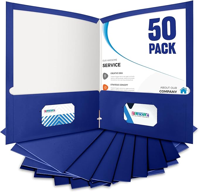 BIBRADAA® 50 Packs Blue Two Pocket Folders Surface with Waterproofing,Letter Size,Holds 100 Plus Sheets,for School,Office,Business. (50, Blue)