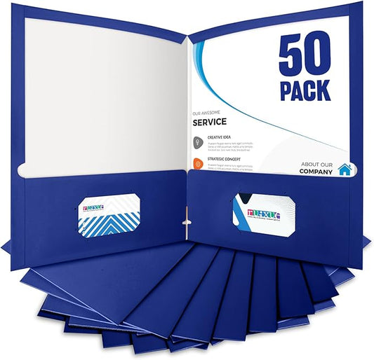 BIBRADAA® 50 Packs Blue Two Pocket Folders Surface with Waterproofing,Letter Size,Holds 100 Plus Sheets,for School,Office,Business. (50, Blue)