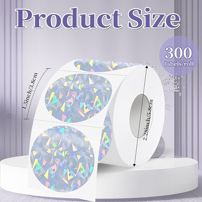 1.5 Inch Thermal Labels,Holographic Circle Direct Thermal Stickers,for Address Design DIY Logo Business(300 pcs/Glass Fragments)
