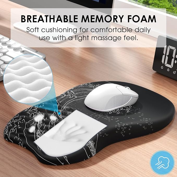 MROCO Ergonomic Mouse Pad with Wrist Support, 11.8 x 7.8 in, Black Kanagawa | Memory Foam Wrist Rest Mouse Pad, Non-Slip Base, Smooth Lycra Surface for Office & Home, Comfortable Wrist Support