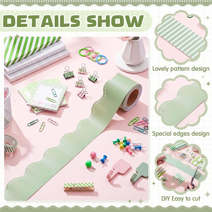 2 Rolls 65.6ft Sage Green Striped Bulletin Board Borders Decoration Scalloped and Straight Edge Greene Bulletin Borders Board Trim for Office School Classroom Chalkboard Party Decoration