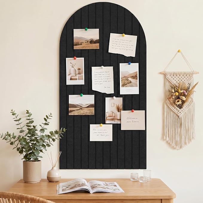 Arched Felt Bulletin Board 47" x 24", High Density Cork Board Alternative for Office & Wall Decor, DIY Corkboards for Wall with 30 Push Pins & 50 Adhesive Tabs, Picture-Board for Home (Black)