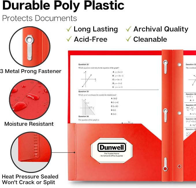 Dunwell Plastic 2-Pocket Folders with 3 Prongs, Red, 12 Pack, Poly | Durable Acid-Free Poly with Fasteners, Long-Term School & Office Use, Labels Included