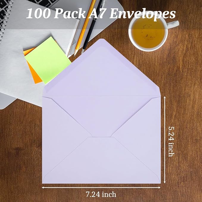 100 Pack A7 Envelopes, Light Purple Greeting Card Envelopes Self Seal, 5.24 x 7.24 in Envelopes for Birthday Graduation Baby Shower Wedding Invitation Cards
