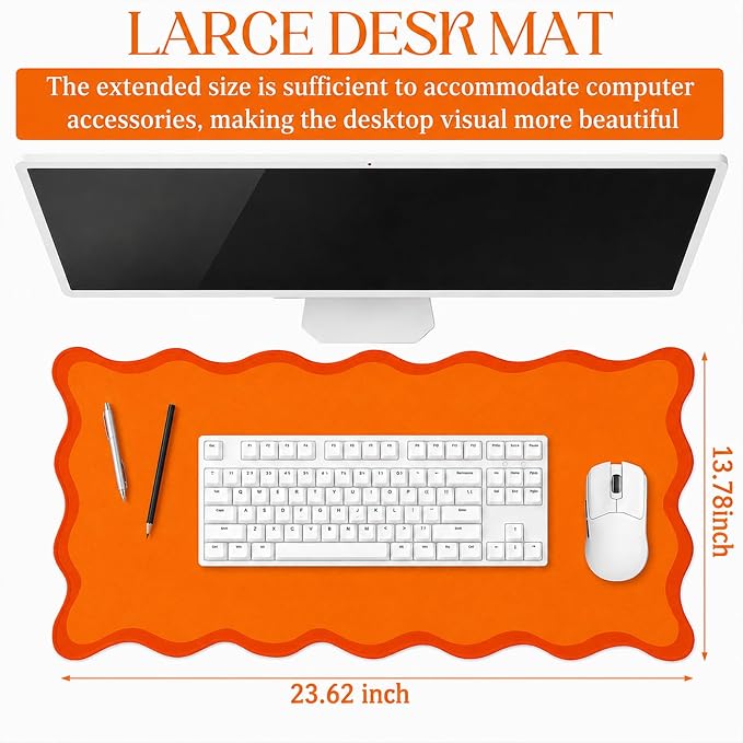 Hahafelt Scalloped Desk Mat Waterproof,Orange,31.5 X 15.8 Inches | Coquette Preppy Style for School Office Makeup Vanity, Nonslip Gaming Desktop Protector with Scalloped Stitched Edge Mat
