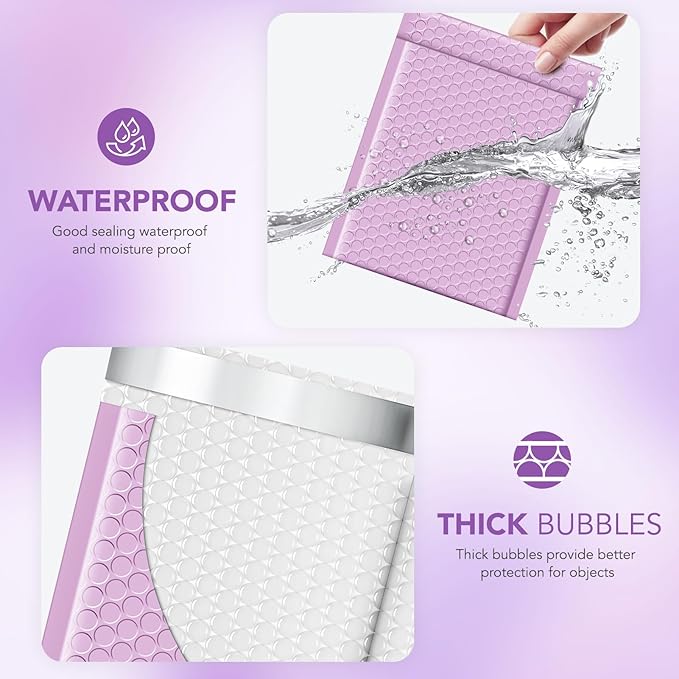 Metronic Bubble Mailers 6x10 Inch 100 Pack Cute Bubble Mailer Usable Size 6x9" Waterproof Padded Envelopes Opaque Padded Envelopes Thick Packaging for Jewelry, Makeup Lavender