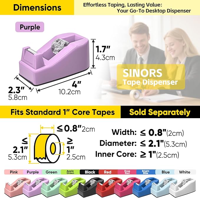 Desktop Office Tape Dispenser, Fits Standard 1-Inch Core Tapes, Weighted Non-Slip Base, Sharp Metal Blade, Smooth Cutting, Adhesive Roll Holder for Office, School, Shop, Home, Business - Purple