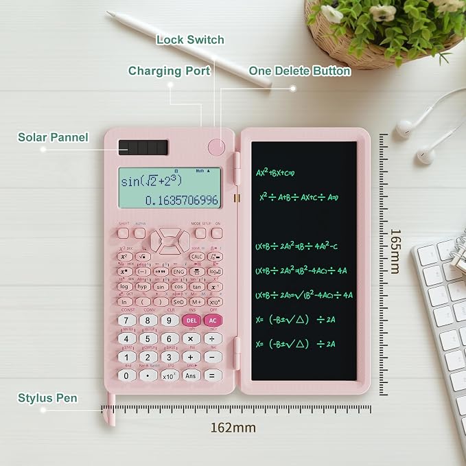Rechargeable Scientific Calculators for Students, Pink 991ES MAX Foldable Science Calculator with Notepad 417 Function Solar Energy Science Calculators for Middle and High School Supplies (Pink)