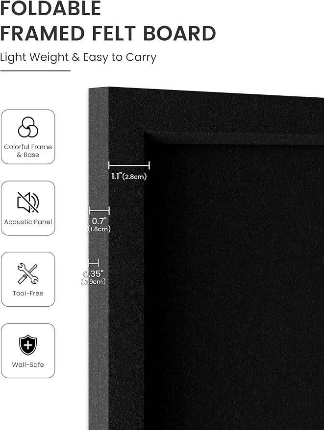 Fluxynara 23.6" x 17.1" Felt Frame Bulletin Board, Black | Cork Board Alternative with 12 Removable Adhesive Tabs, Foldable Pin Board for Wall, Home, Office, Classroom & Dorm