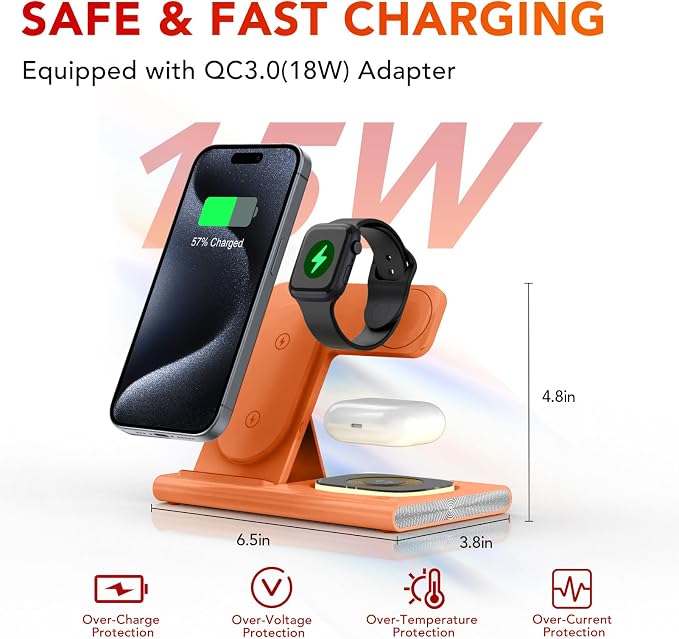 3 in 1 Foldable Wireless Fast Charging Station for Apple Multiple Devices | iPhone Charging Station for iPhone 17, Travel iWatch Charger Stand, Light Nightstand Charging Dock for Apple Watch/Airpods